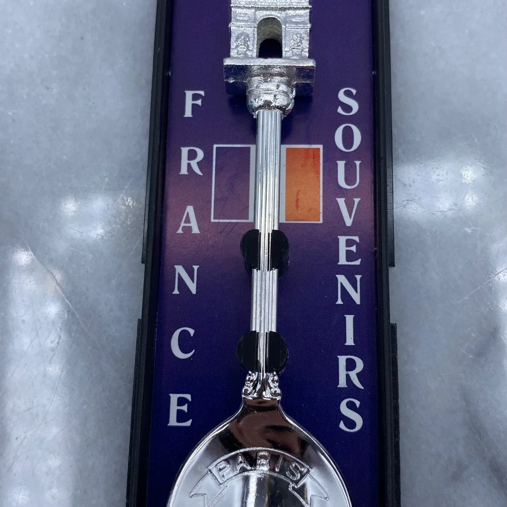 Paris France Souvenir Spoon Silver Plated Arc de Triomphe Eiffel w/Case Travel